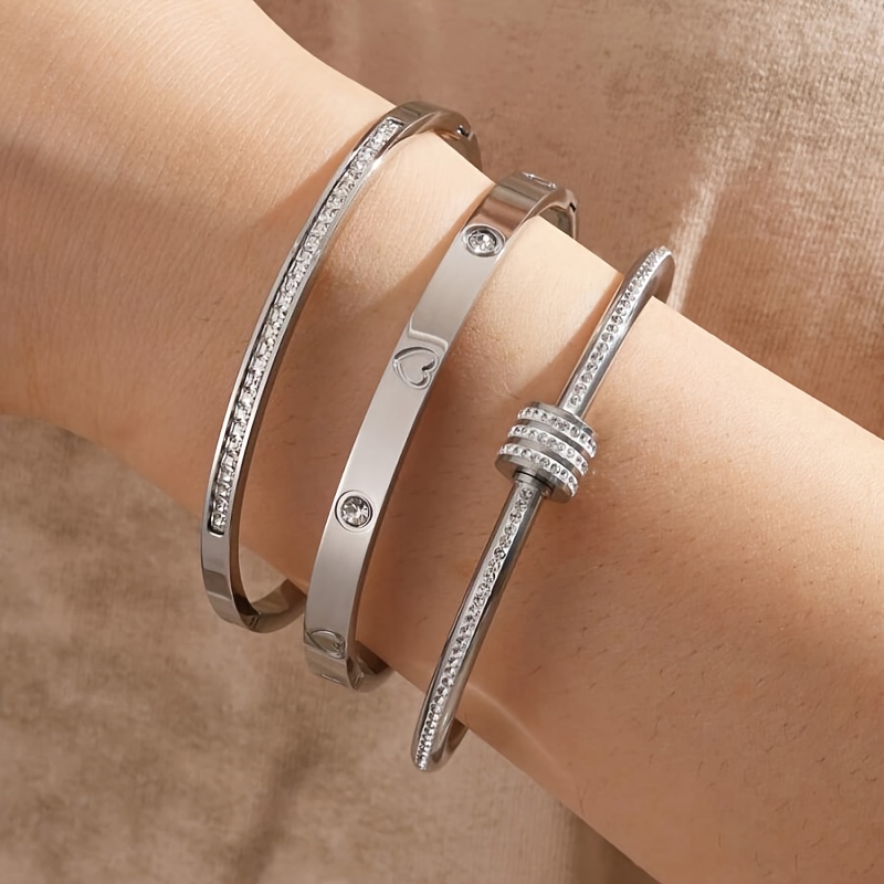 3pc Elegant Retro Stainless Steel Bracelets with Zirconium
